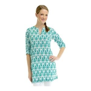 Gretchen Scott Turquoise Pashmina Cashmere Ikat Print Tunic Blouse Beach Coverup